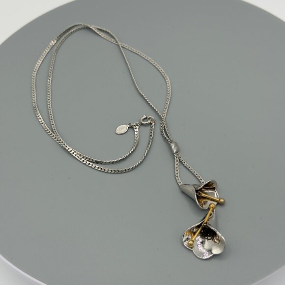 Vintage Avon Silver Tone Lariat Tassel Necklace Lily Flower - Picture 10 of 11